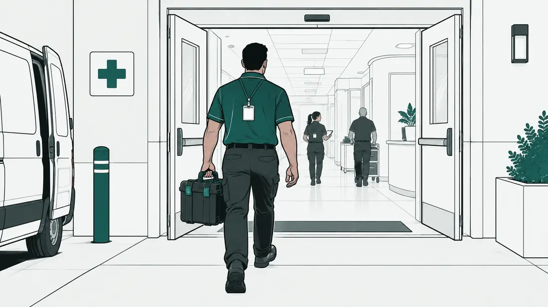 A biomedical equipment technician arriving at a hospital entrance with a tool case