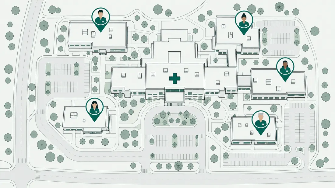 Map of a hospital campus with local BiomedRx technicians marked near each building