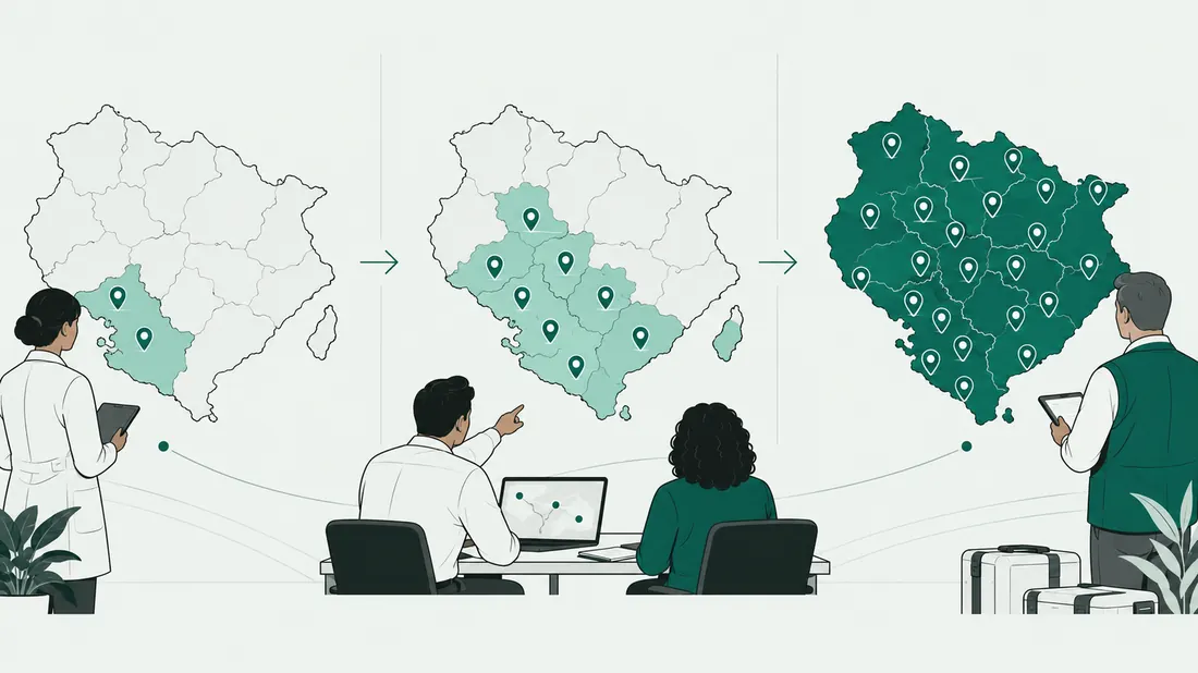 Service coverage map growing across a region as BiomedRx network members are added
