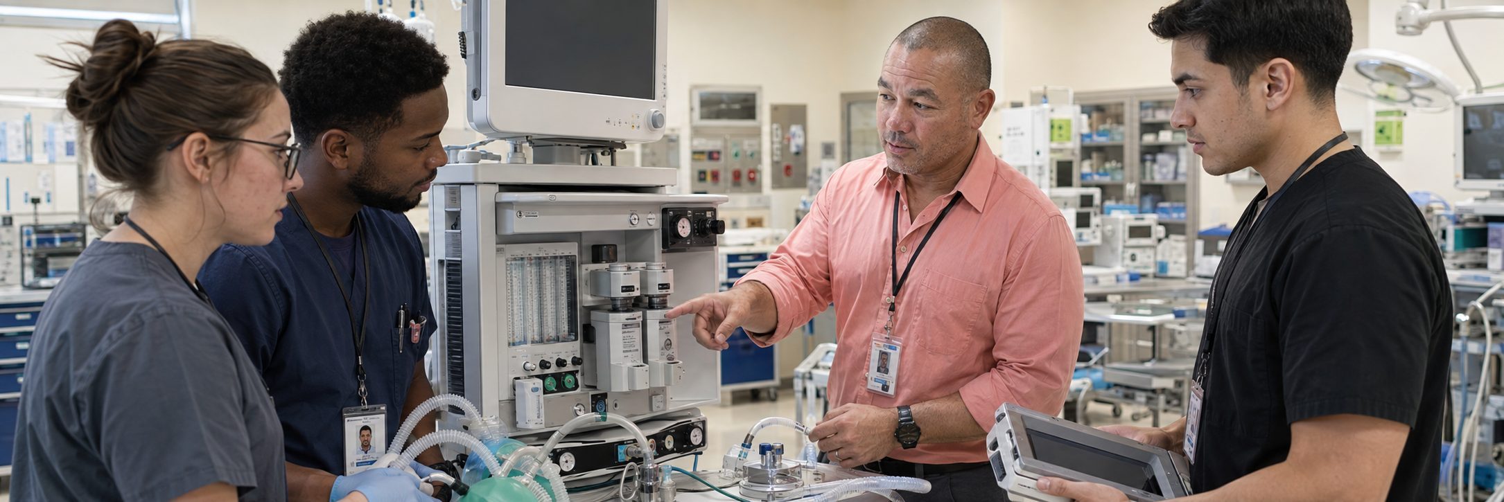 Biomedical technicians training on anesthesia machine service with the BiomedRx App