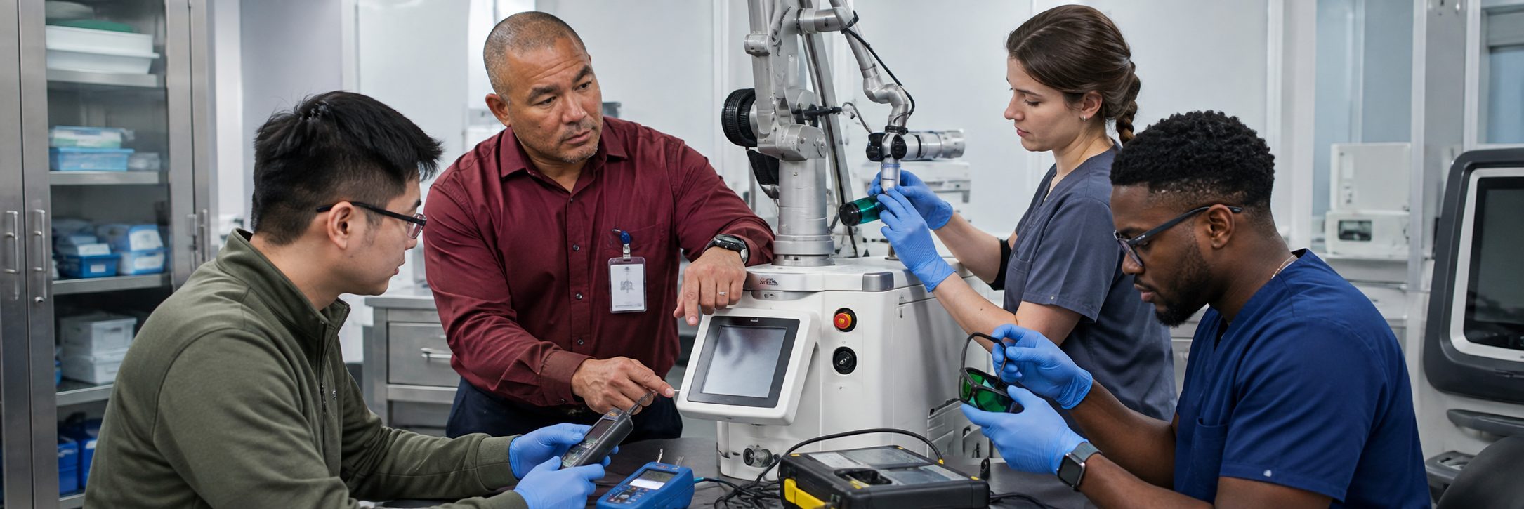 Bench calibration logged through the BiomedRx App in a biomedical repair shop