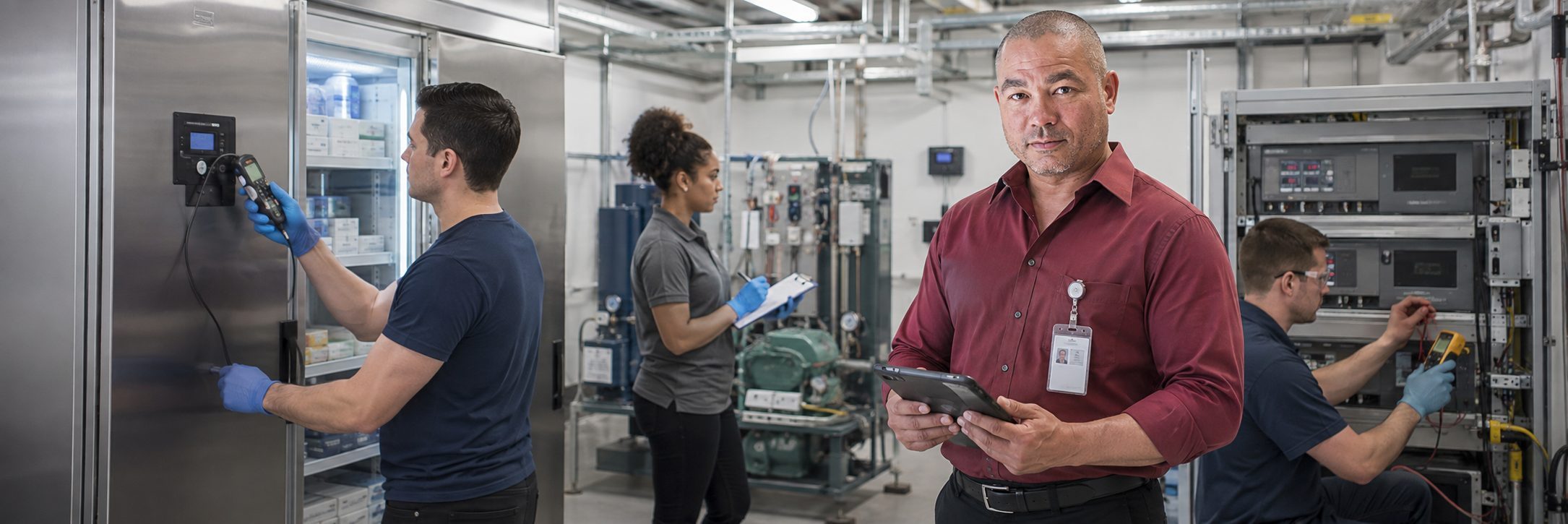 Bench calibration logged through the BiomedRx App in a biomedical repair shop