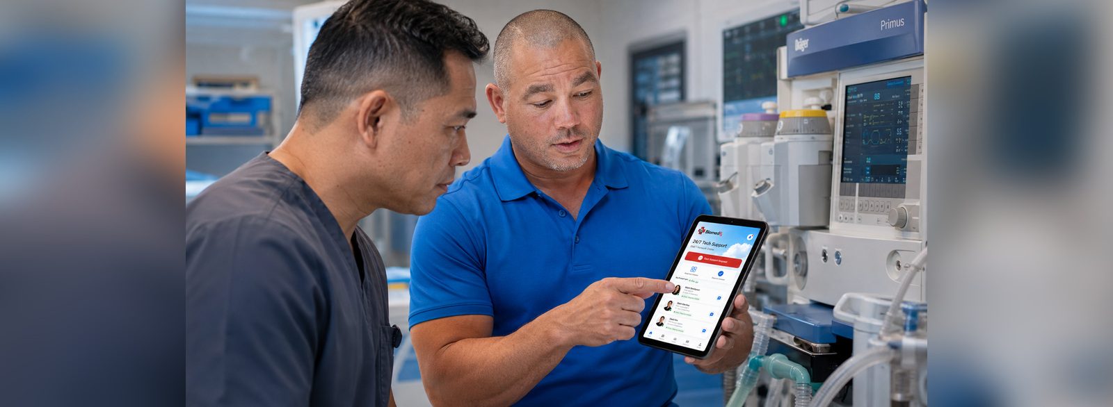 Two technicians using 24/7 tech support in the BiomedRx App at an anesthesia machine