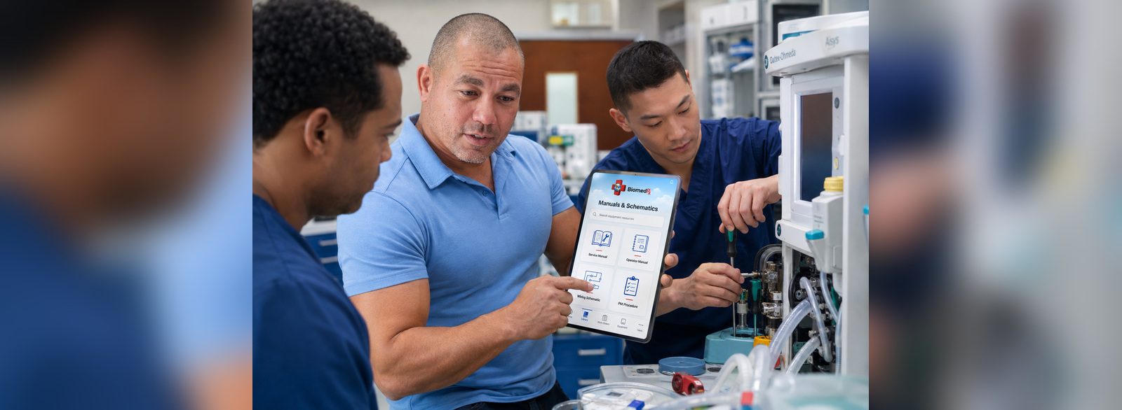 Anesthesia machine manuals and schematics | BiomedRx App Technicians pulling anesthesia machine service manuals and schematics in the BiomedRx App