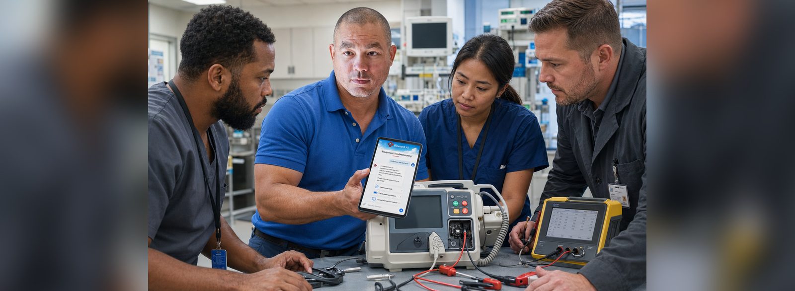 Biomed AI defibrillator troubleshooting | BiomedRx App BMET lead demonstrating Biomed AI defibrillator troubleshooting in the BiomedRx App during a bench repair