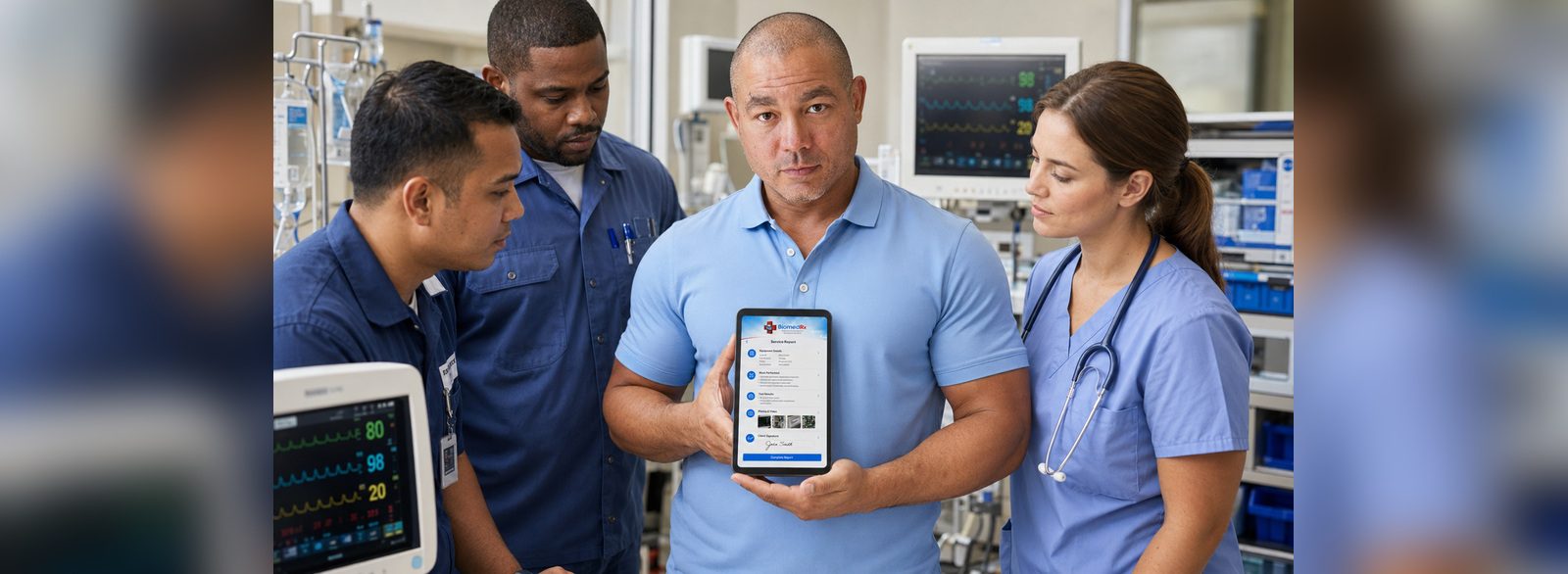 Clinical team service report sign-off | BiomedRx App Clinical staff and biomedical technicians reviewing a completed BiomedRx App service report