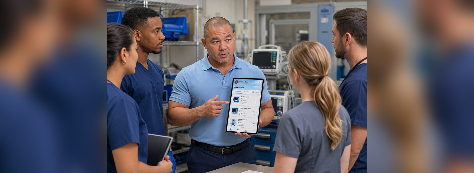 Assigned work orders for defibrillator PM, patient monitor repair and anesthesia machine inspection in the BiomedRx App