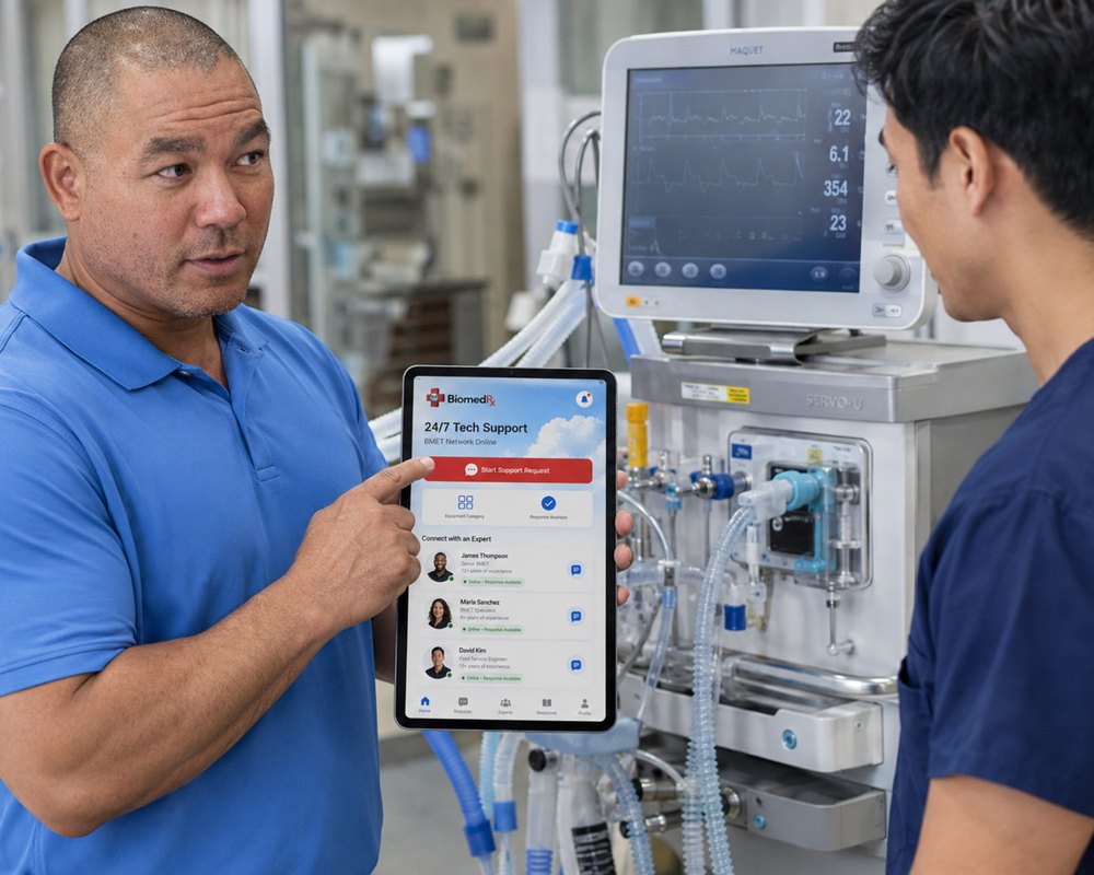 24/7 BMET tech support | BiomedRx App Biomedical technician opening 24/7 tech support in the BiomedRx App beside a ventilator