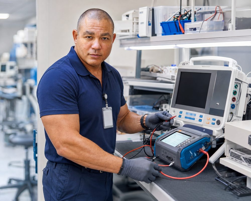 Biomedical equipment technician using BiomedRx App AI to troubleshoot a medical device