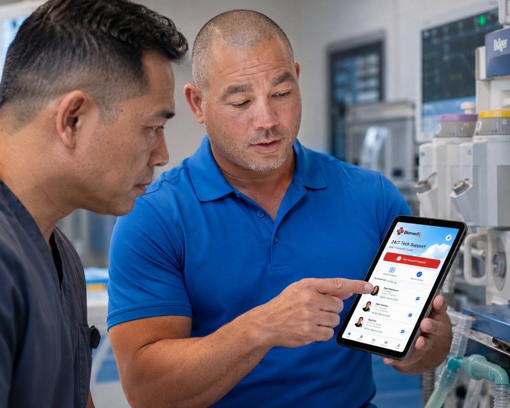 Anesthesia machine support on call | BiomedRx App Two technicians using 24/7 tech support in the BiomedRx App at an anesthesia machine