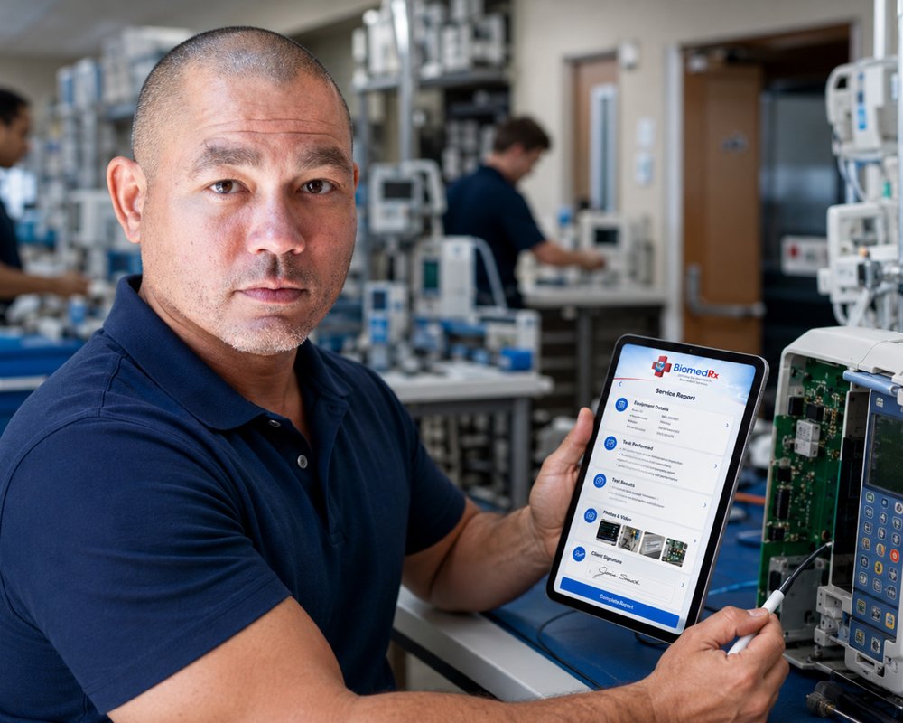 Bench repair of a medical device documented in a BiomedRx App service report