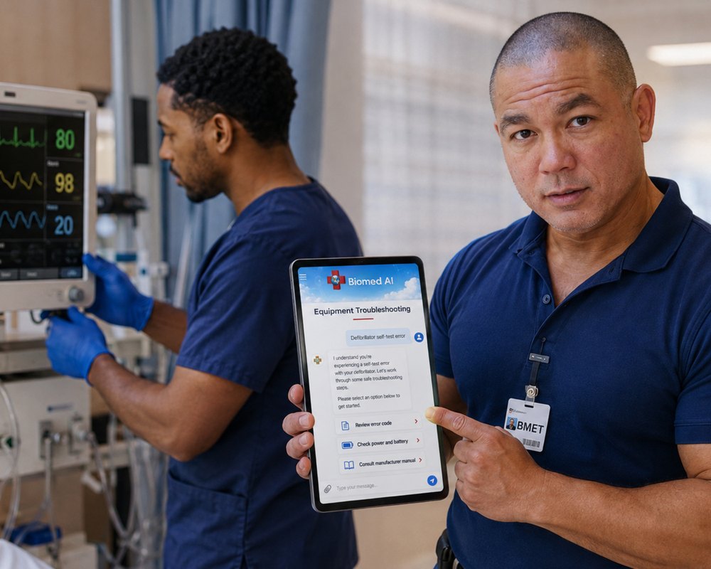 Biomed AI equipment troubleshooting in the BiomedRx App at a patient monitor bedside