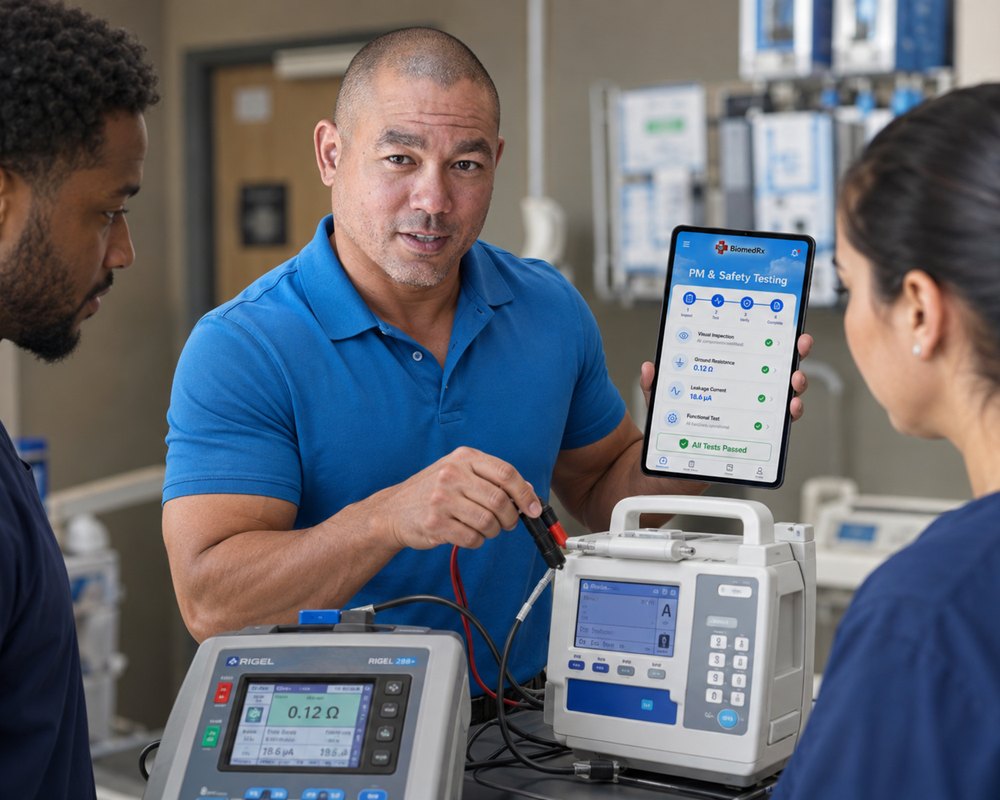 Electrical safety testing on an infusion pump captured automatically in the BiomedRx App