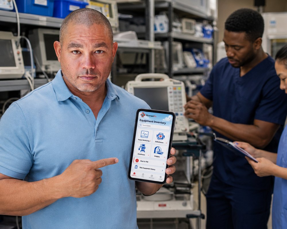 Medical equipment inventory tracked in the BiomedRx App in a hospital equipment storeroom