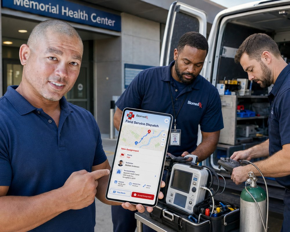 Field service dispatch assignment accepted in the BiomedRx App at a medical equipment service van