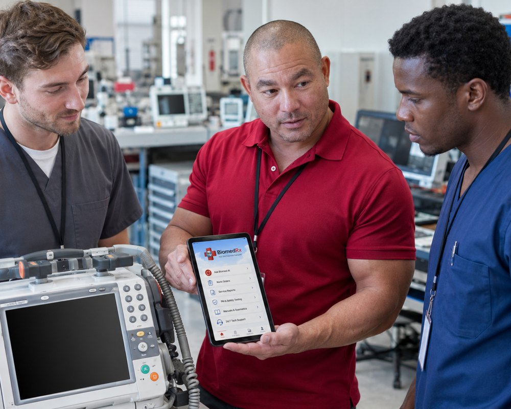 Biomedical equipment technicians reviewing the BiomedRx App home dashboard on a tablet in a hospital biomed shop