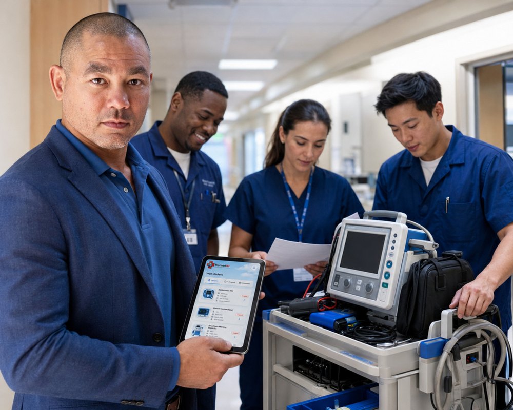 Healthcare technology management team using the BiomedRx App to hand off a work order in a hospital corridor