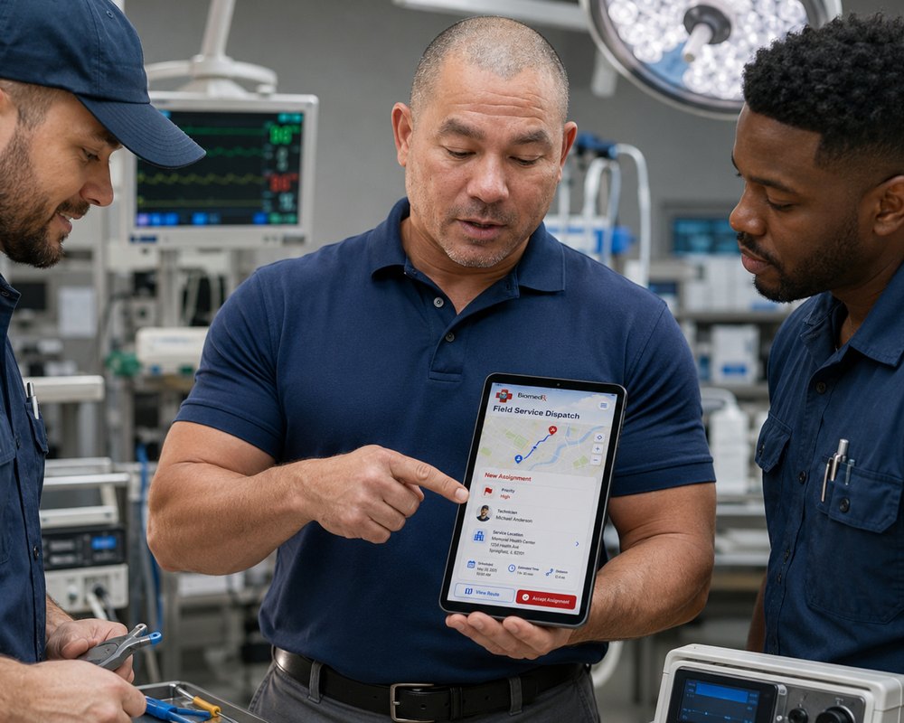 Field service dispatch accepted in the BiomedRx App inside a hospital operating room