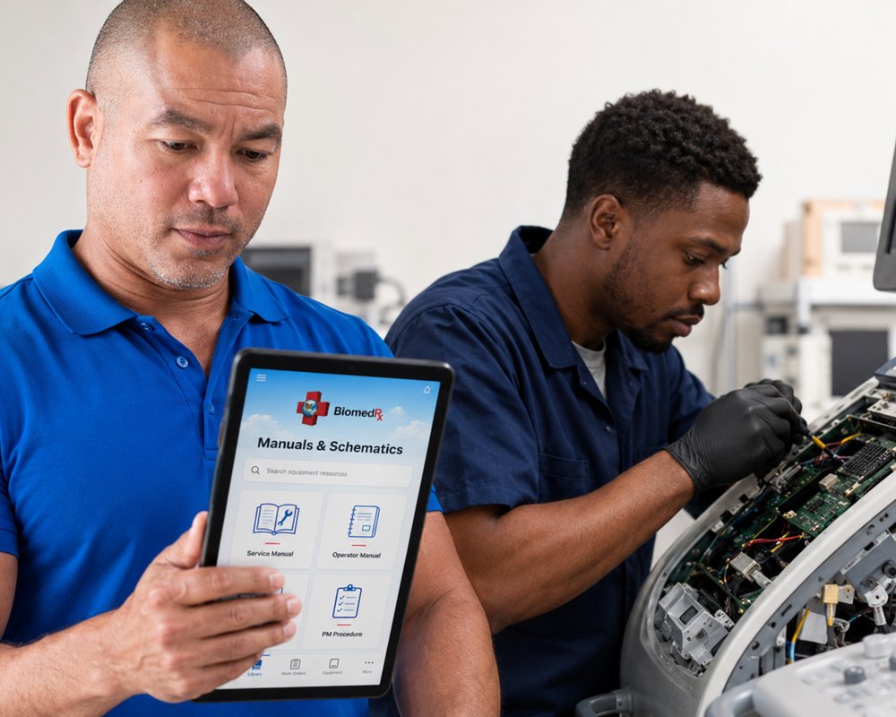 Wiring schematics open in the BiomedRx App during a board-level ultrasound system repair