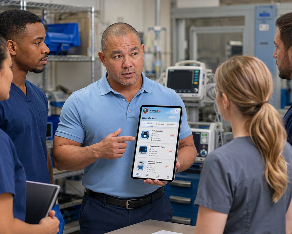 Assigned work orders for defibrillator PM, patient monitor repair and anesthesia machine inspection in the BiomedRx App