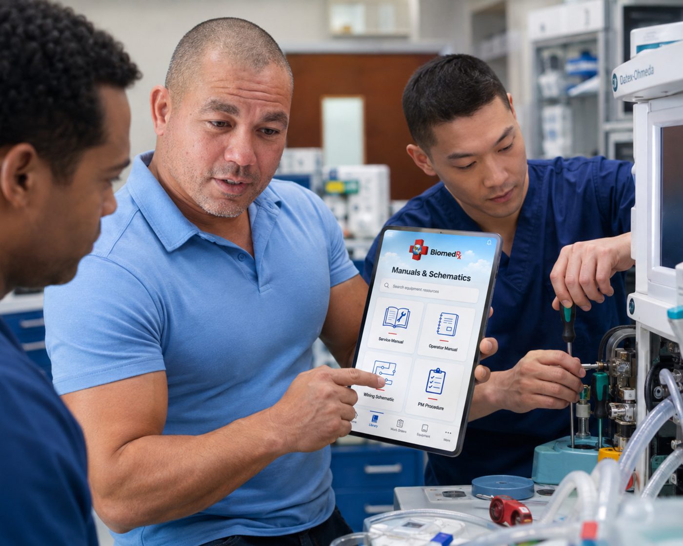 Technicians pulling anesthesia machine service manuals and schematics in the BiomedRx App