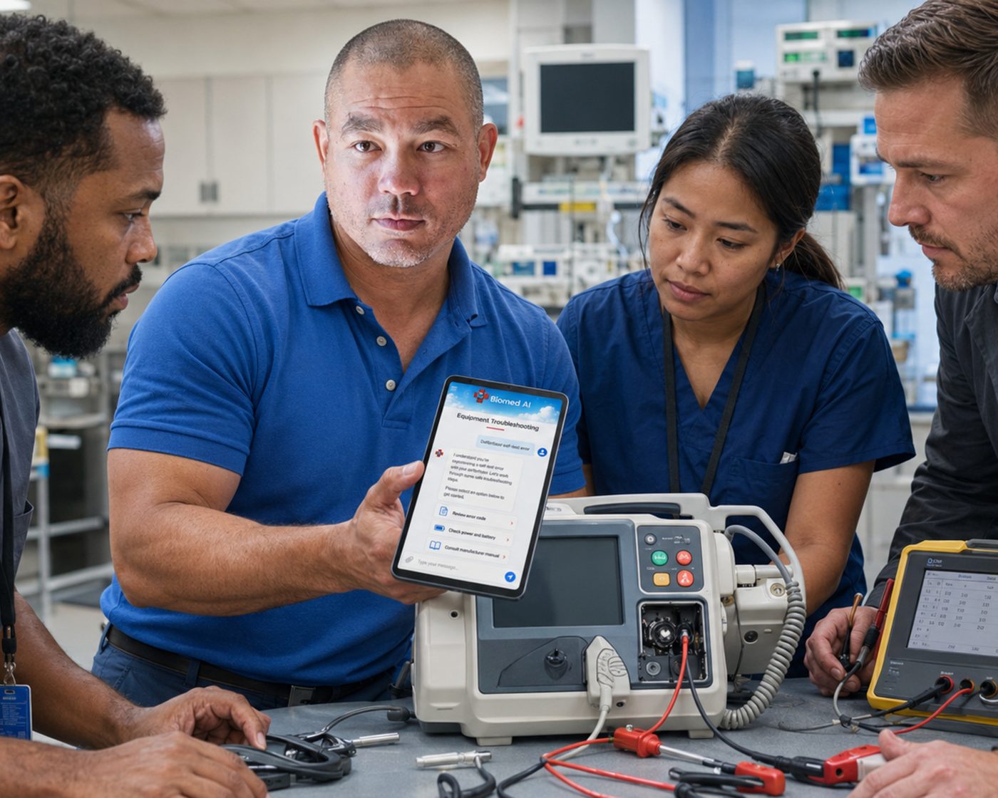 Biomed AI defibrillator troubleshooting | BiomedRx App BMET lead demonstrating Biomed AI defibrillator troubleshooting in the BiomedRx App during a bench repair