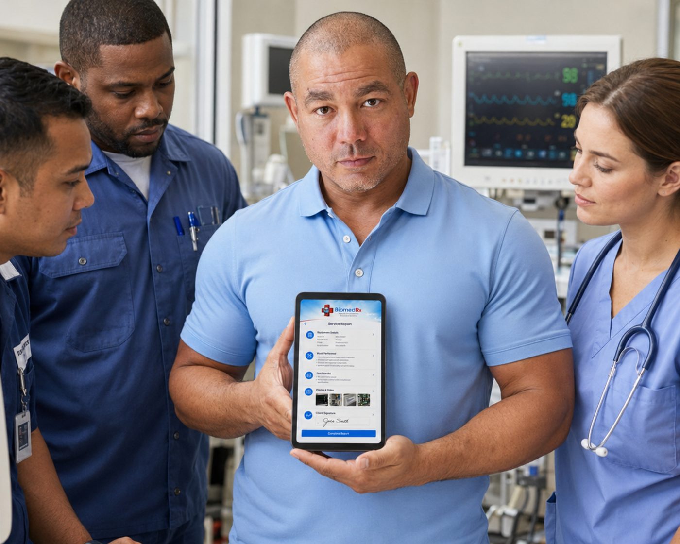 Clinical team service report sign-off | BiomedRx App Clinical staff and biomedical technicians reviewing a completed BiomedRx App service report