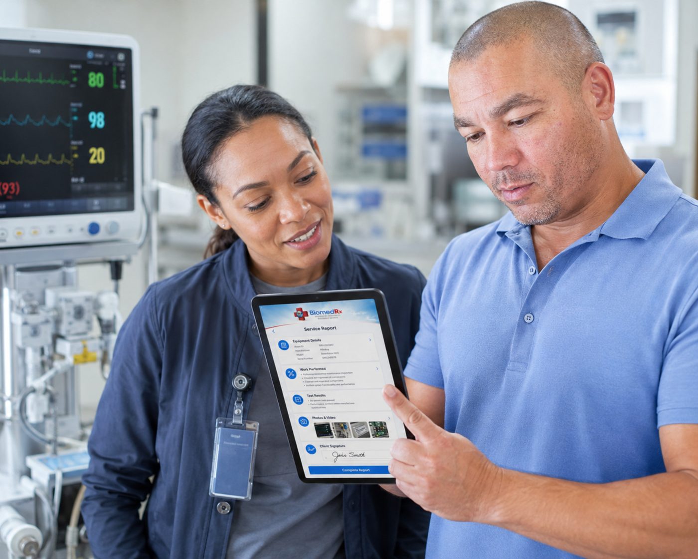 Clinician signing a digital service report in the BiomedRx App beside a patient monitor