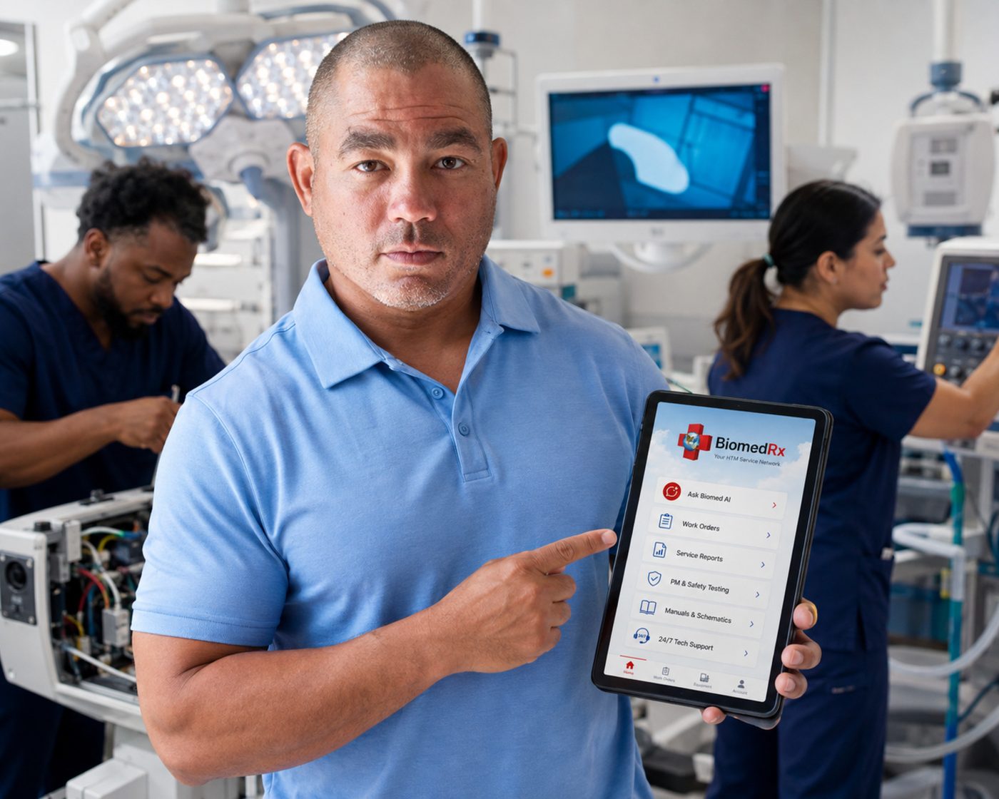 The BiomedRx App main menu with Ask Biomed AI, work orders, service reports, PM and safety testing