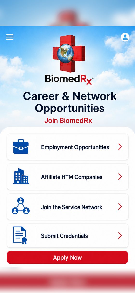 Career and network opportunities in the BiomedRx App with employment openings, affiliate HTM companies and service network membership