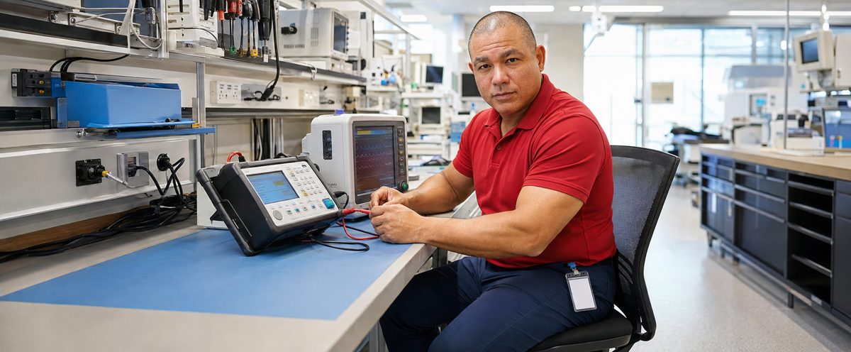 BiomedRx biomedical equipment technician in the field using the BiomedRx App